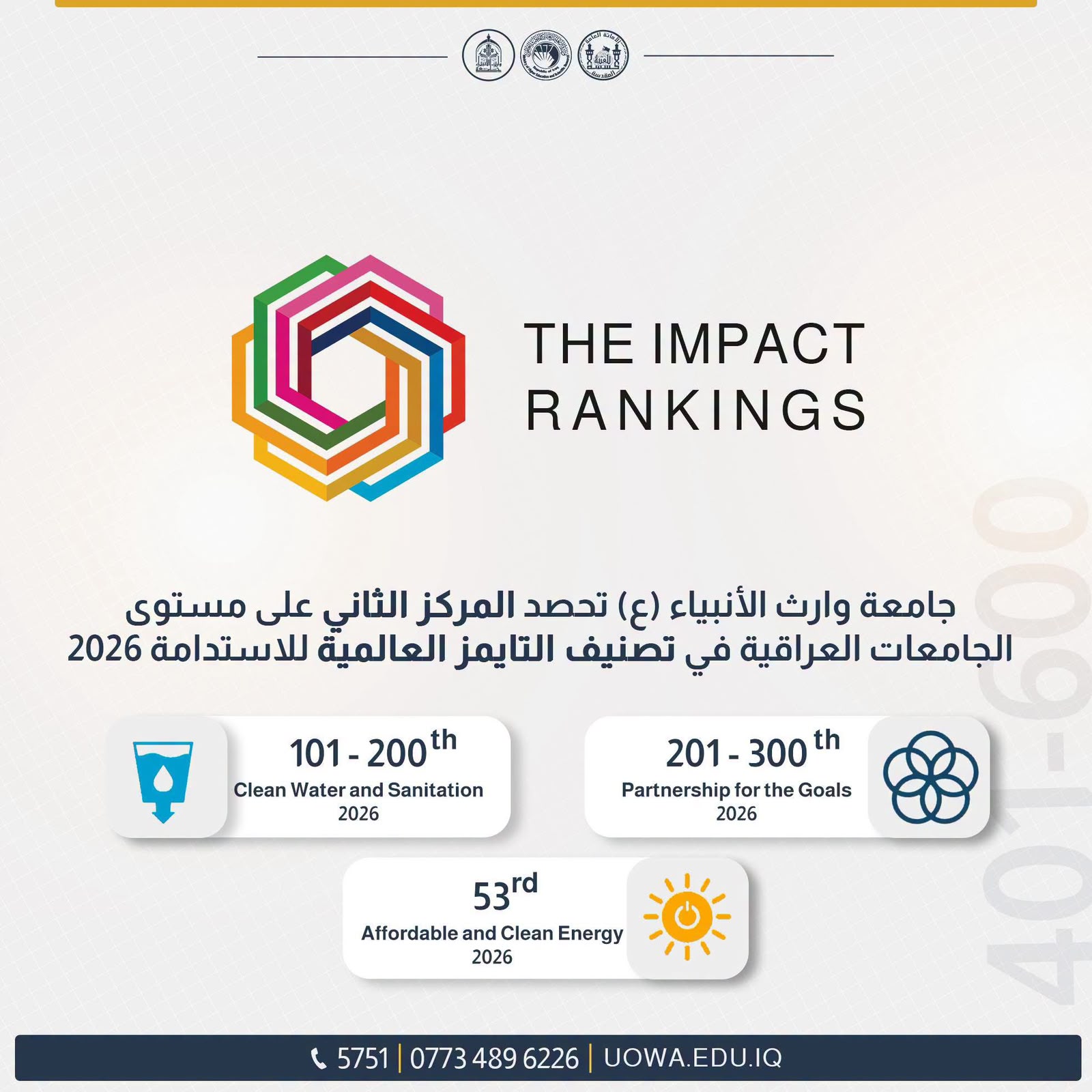 جامعة وارث الأنبياء (ع) تحصد المركز الثاني عراقياً في تصنيف التايمز العالمي للاستدامة 2026